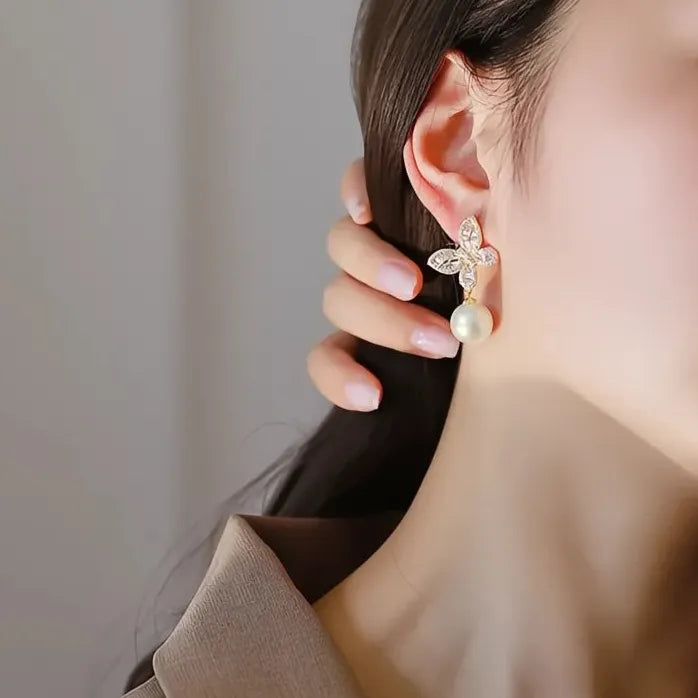 Butterfly Drop Earrings with Imitation Pearl & Sparkling CZ, Brass Jewelry