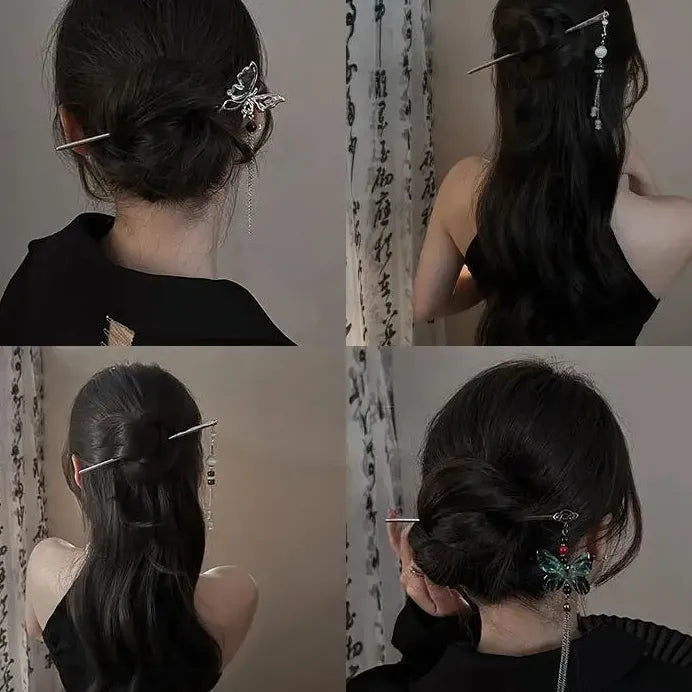 2024 Chinese Style Butterfly Flower Tassel Zinc Alloy Hair Stick for Women