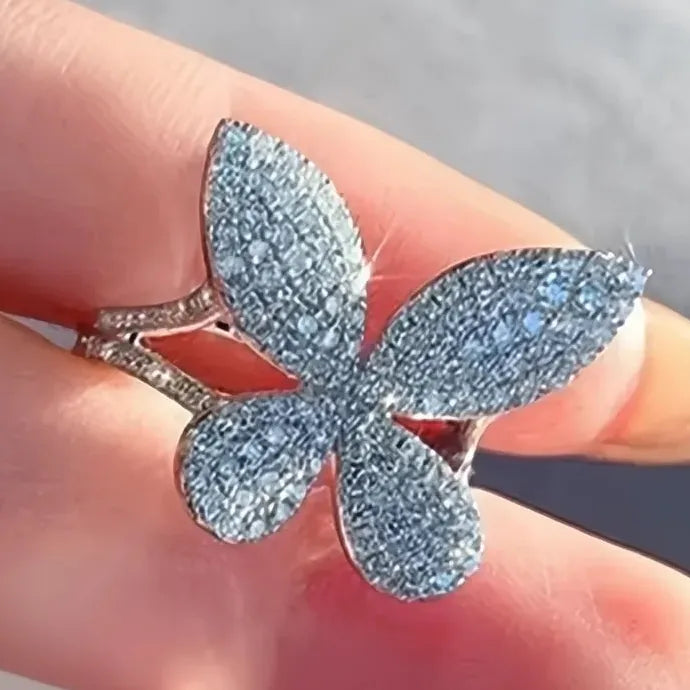 Silver Butterfly White CZ Wedding Ring Brass Geometric Band for Women