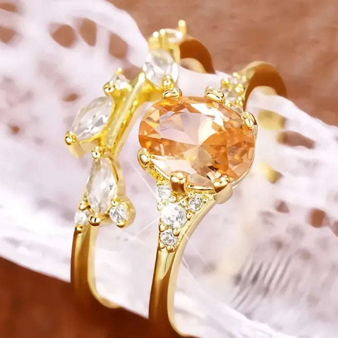 Women’s Bridal Ring Set with Champagne Cubic Zirconia Wedding Jewelry Gift