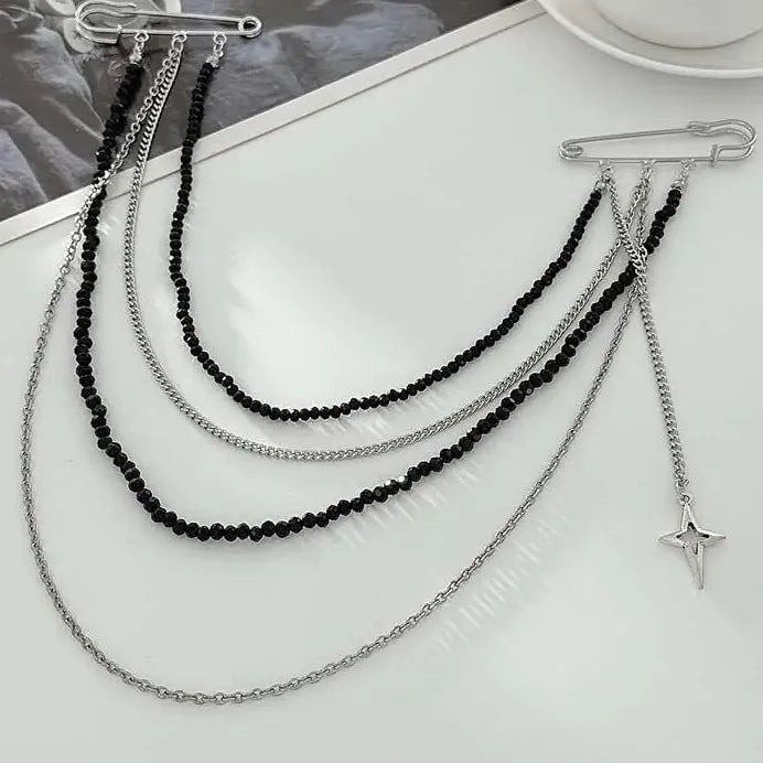 Red Rice Bead Tassel Brooch Zinc Alloy Punk Star Pendant Jewelry for Women