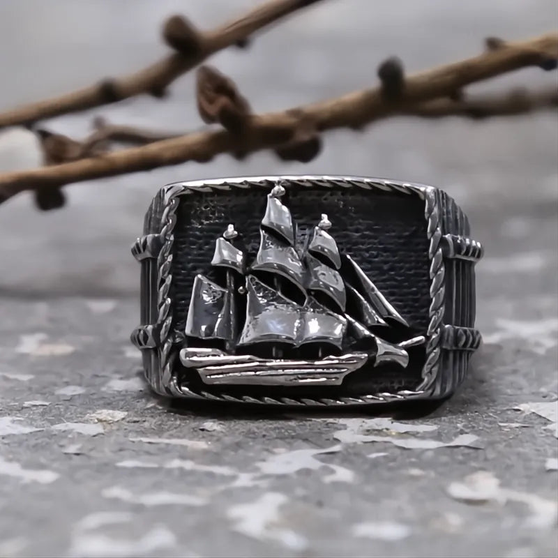Men's Viking Pirate Sailboat Ring Stainless Steel Biker Gothic Lucky Amulet Jewelry Vintage