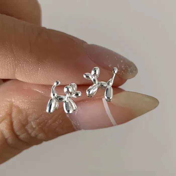 Silver Mini Balloon Dog Stud Earrings for Women Korean Jewelry