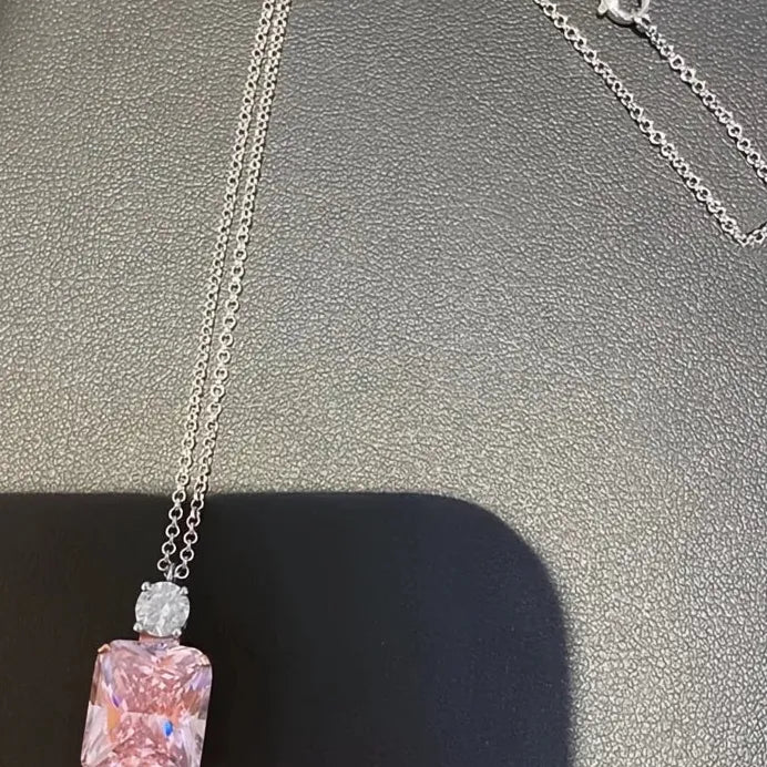 Pink Cubic Zirconia Geometric Pendant Necklace for Women Wedding Jewelry