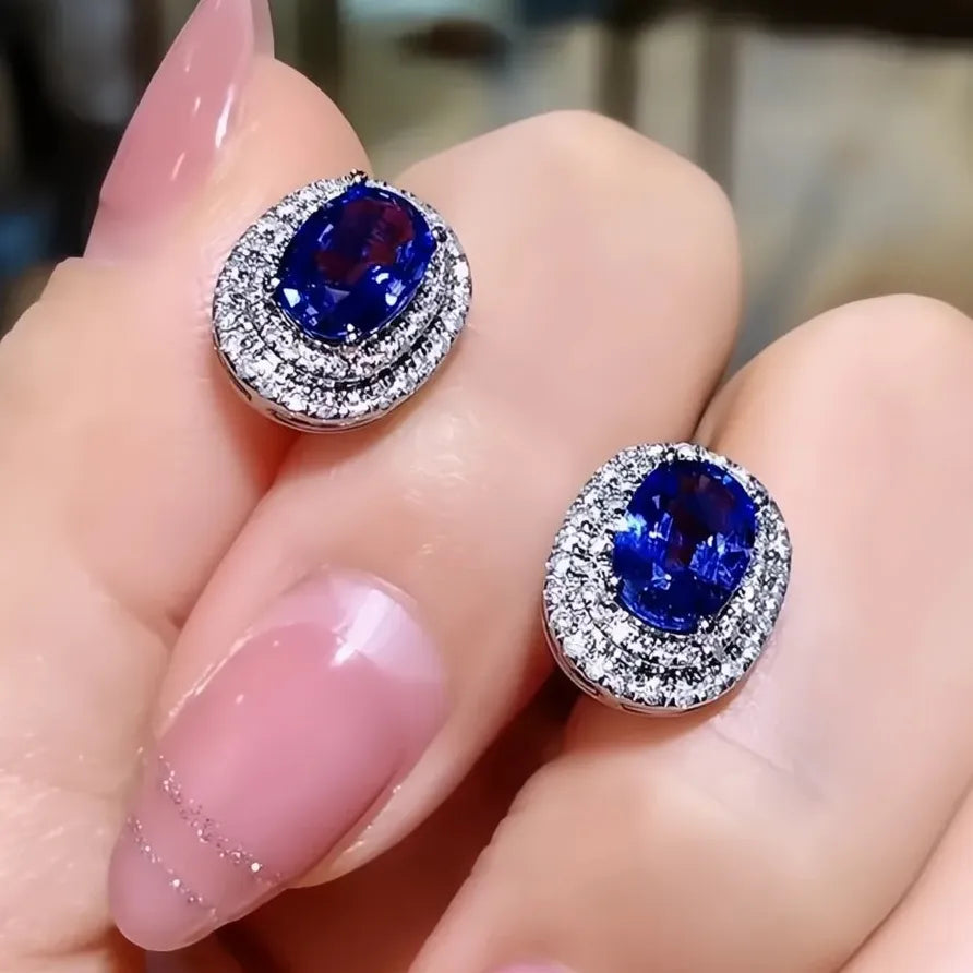 Blue White CZ Oval Geometric Stud Earrings for Wedding Party Women