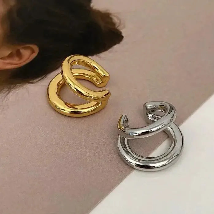 Vintage Gold Silver Double Layered Geometric Clip-On Earrings for Women