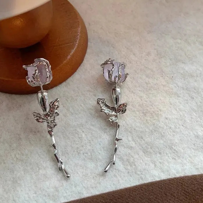 Copper Romantic Rose Crystal Earrings Women Gothic Thorn Stem Stud Studs Jewelry