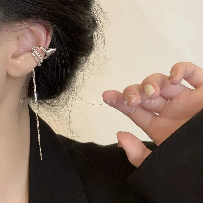 Long Tassel Clip Earrings for Women Girls Pearl Cubic Zirconia Fashion Jewelry
