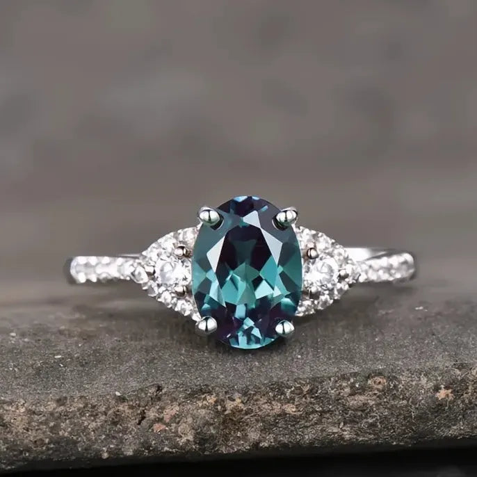 Oval Blue Cubic Zirconia Brass Geometric Wedding Band Ring for Women