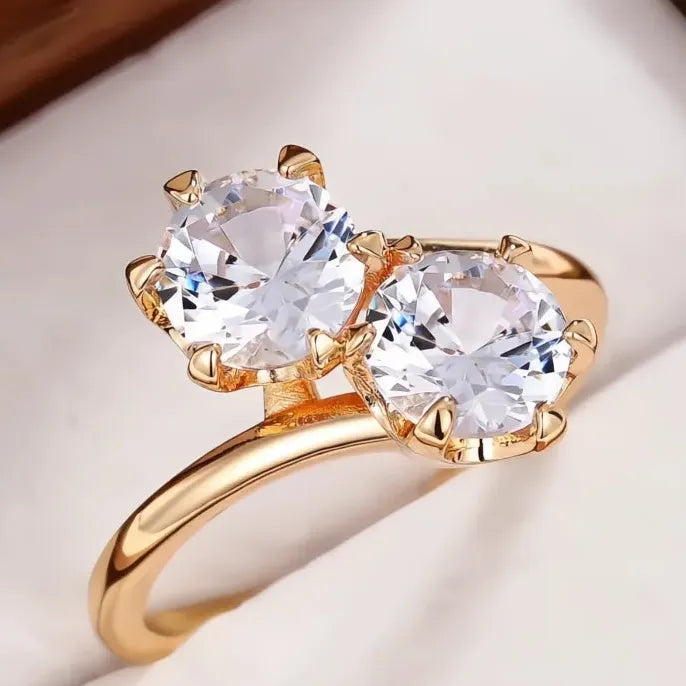 Women’s Elegant Brass Wedding Band Ring with Double Cubic Zirconia Gems