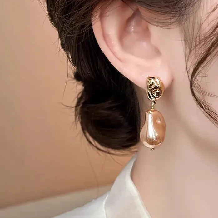 Irregular Champagne Pearl Drop Earrings Bridal Wedding Jewelry Gift Women