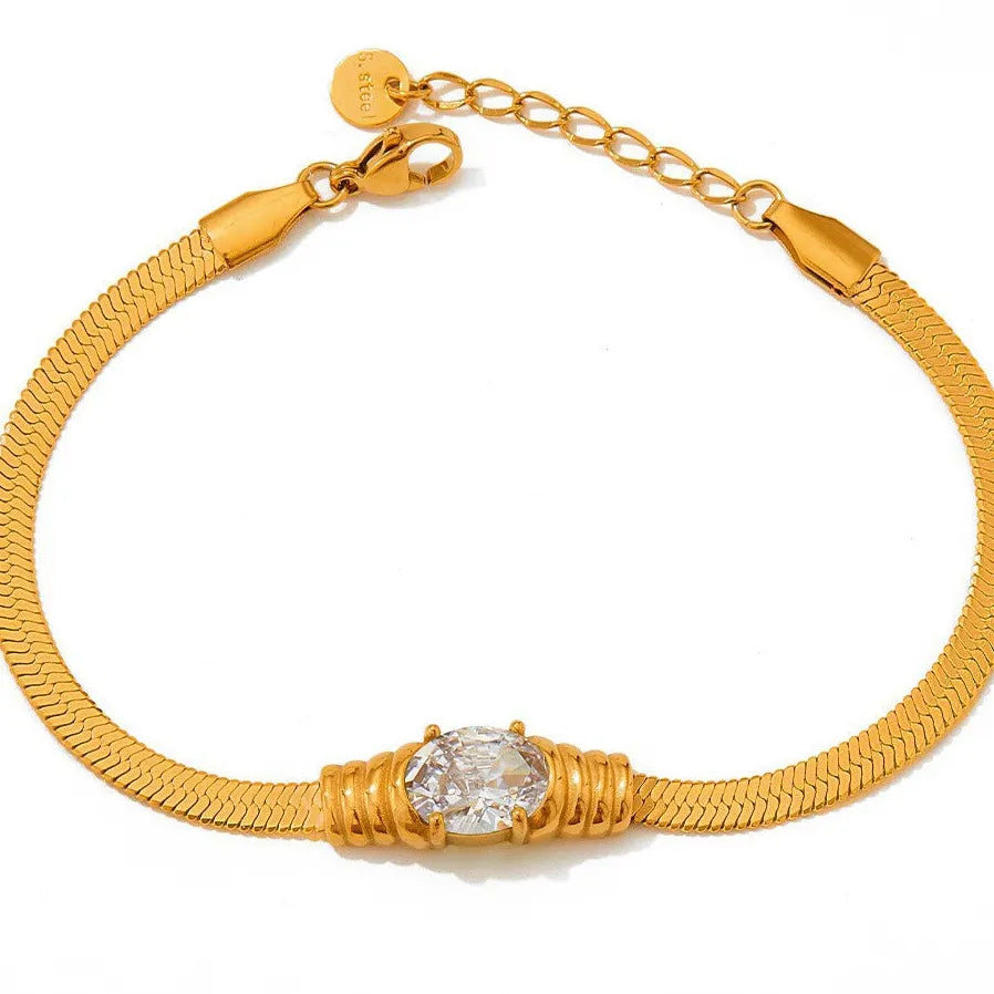 18K Gold Plated Stainless Steel Flat Snake Chain CZ Bracelet for Women Stylish