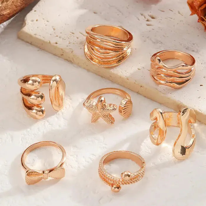 7Pcs Adjustable Geometric Bow Knot Starfish Rings Set Unisex Fashion Jewelry