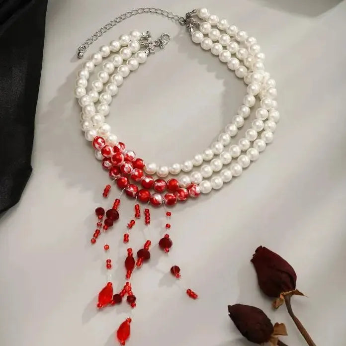 Vintage Red Blood Pattern Imitation Pearl Tassel Pendant Necklace for Women Goth Jewelry
