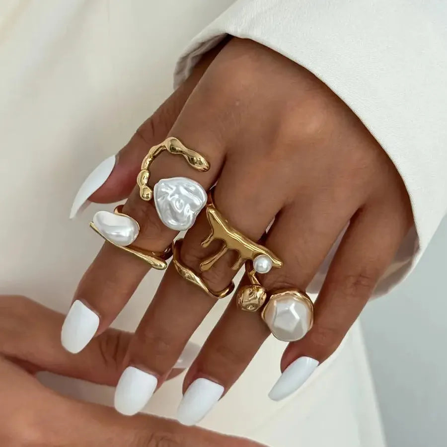 5Pcs Retro Baroque Pearl Asymmetric Geometric Gold Rings Set for Women Jewelry