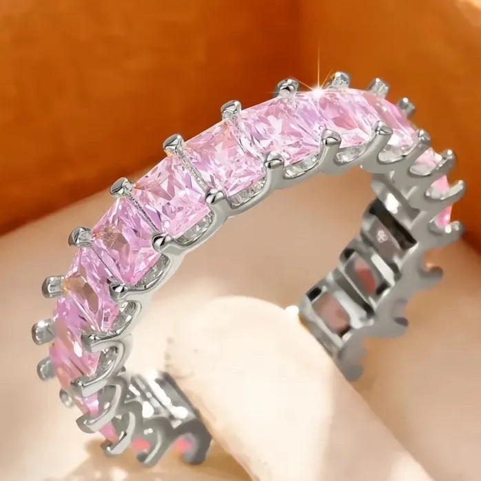 Crystal Pink CZ Geometric Promise Ring Women’s Wedding Band Brass Jewelry