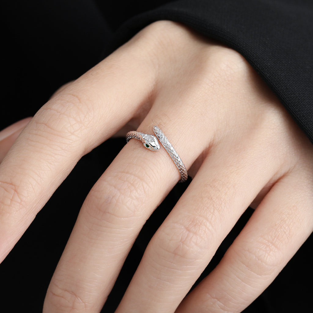 Party Green CZ Eyes Snake Animal 925 Sterling Silver Adjustable Ring
