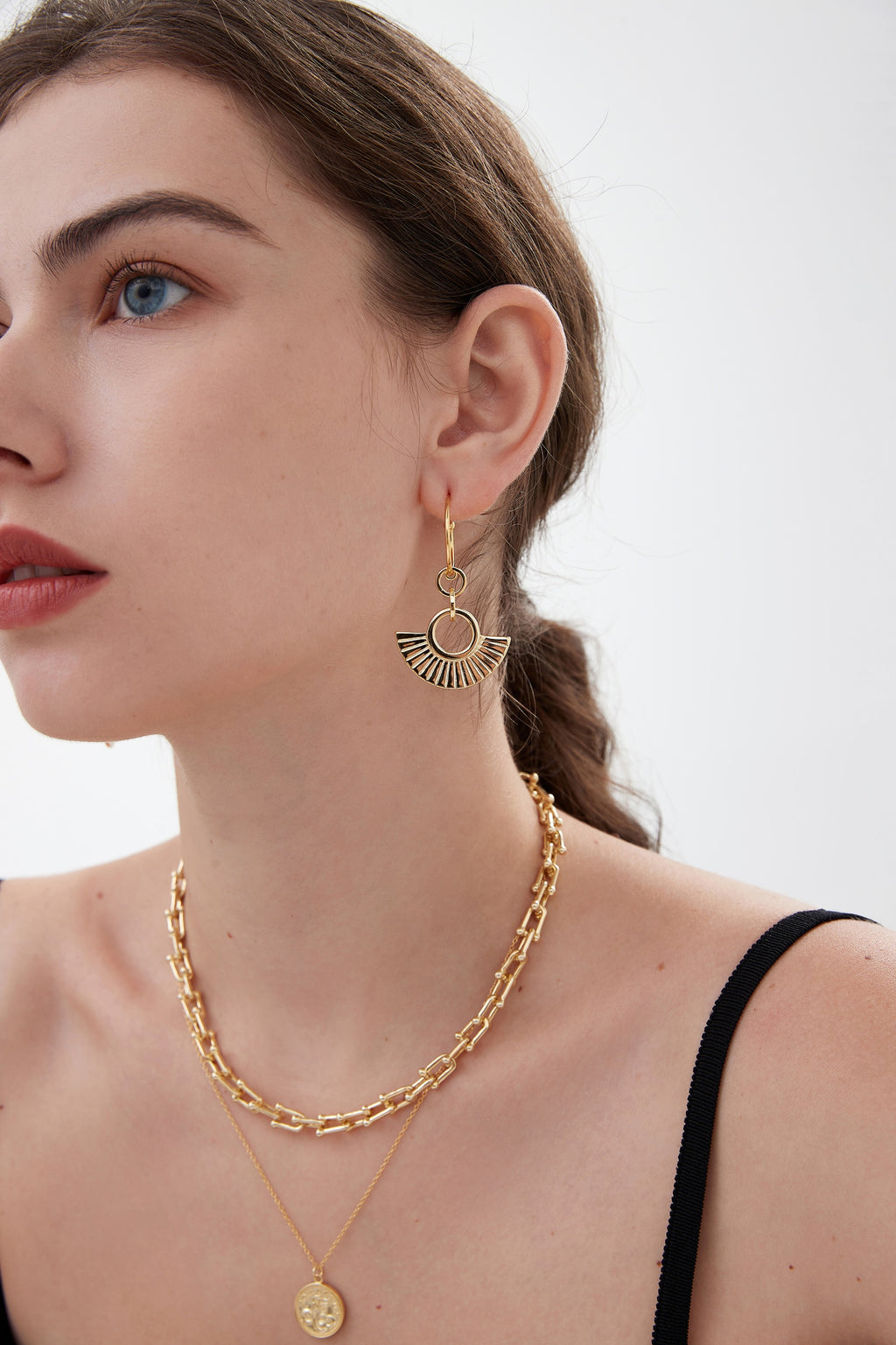 Ancient Roman Modern Striped Fan 925 Sterling Silver Earring (Single)