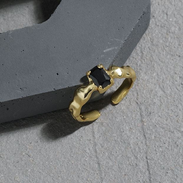 Fashion Irregular Black Geometry CZ 925 Sterling Silver Adjustable Ring