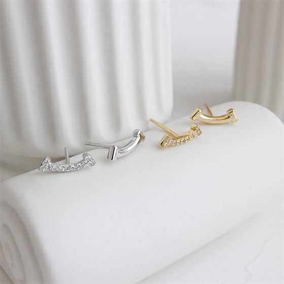Sweet Asymmetry CZ Smile 925 Sterling Silver Stud Earrings