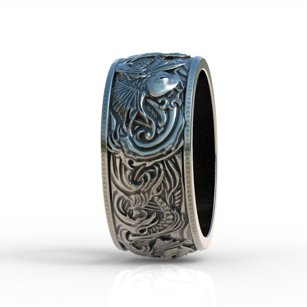 Koi Fish Carp and Waves Band Ring, Japanese Art Ornament Rings