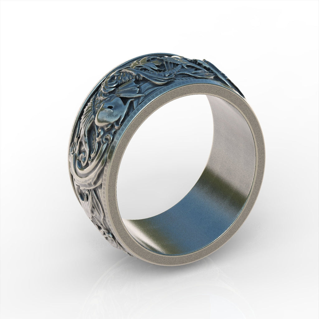 Koi Fish Carp and Waves Band Ring, Japanese Art Ornament Rings