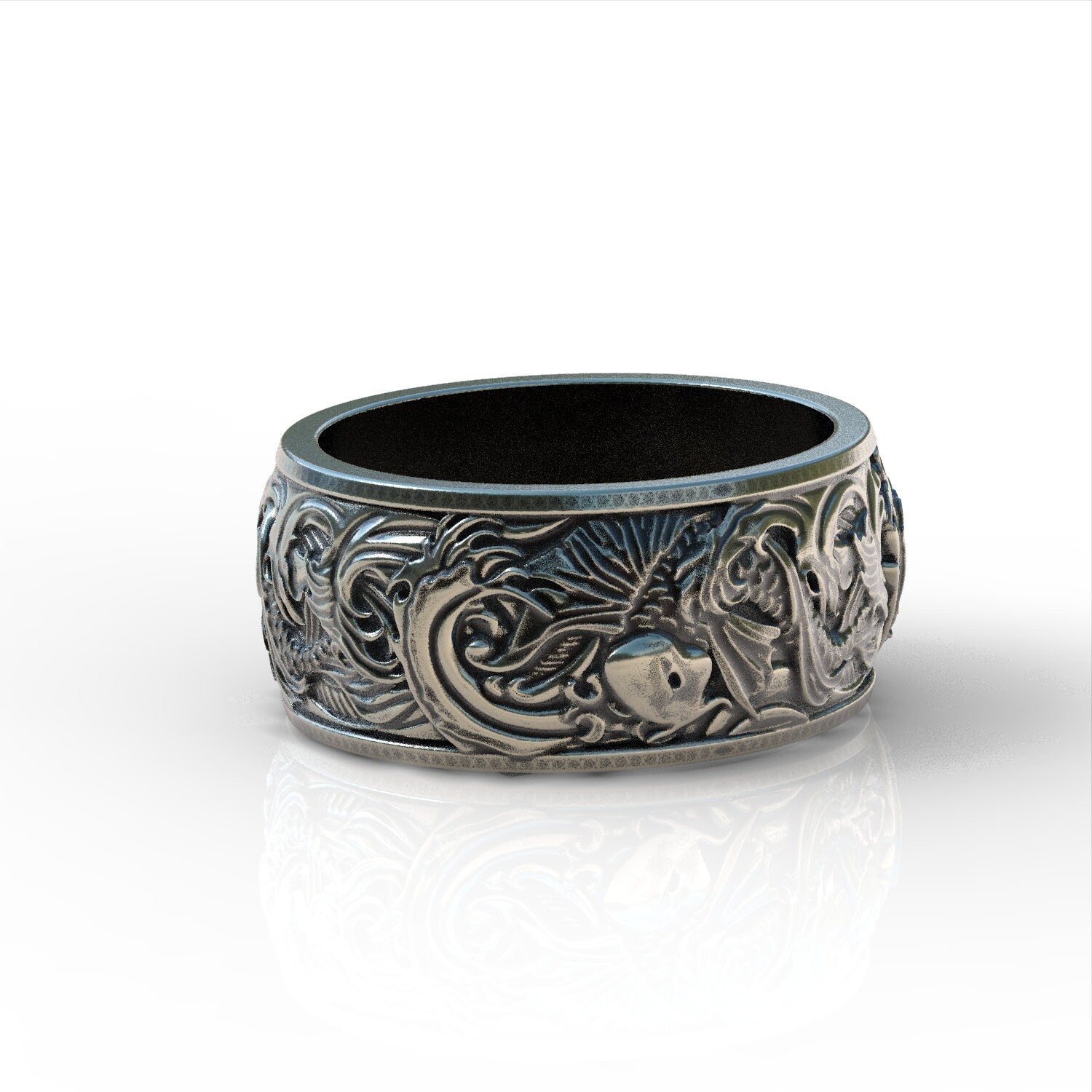 Koi Fish Carp and Waves Band Ring, Japanese Art Ornament Rings