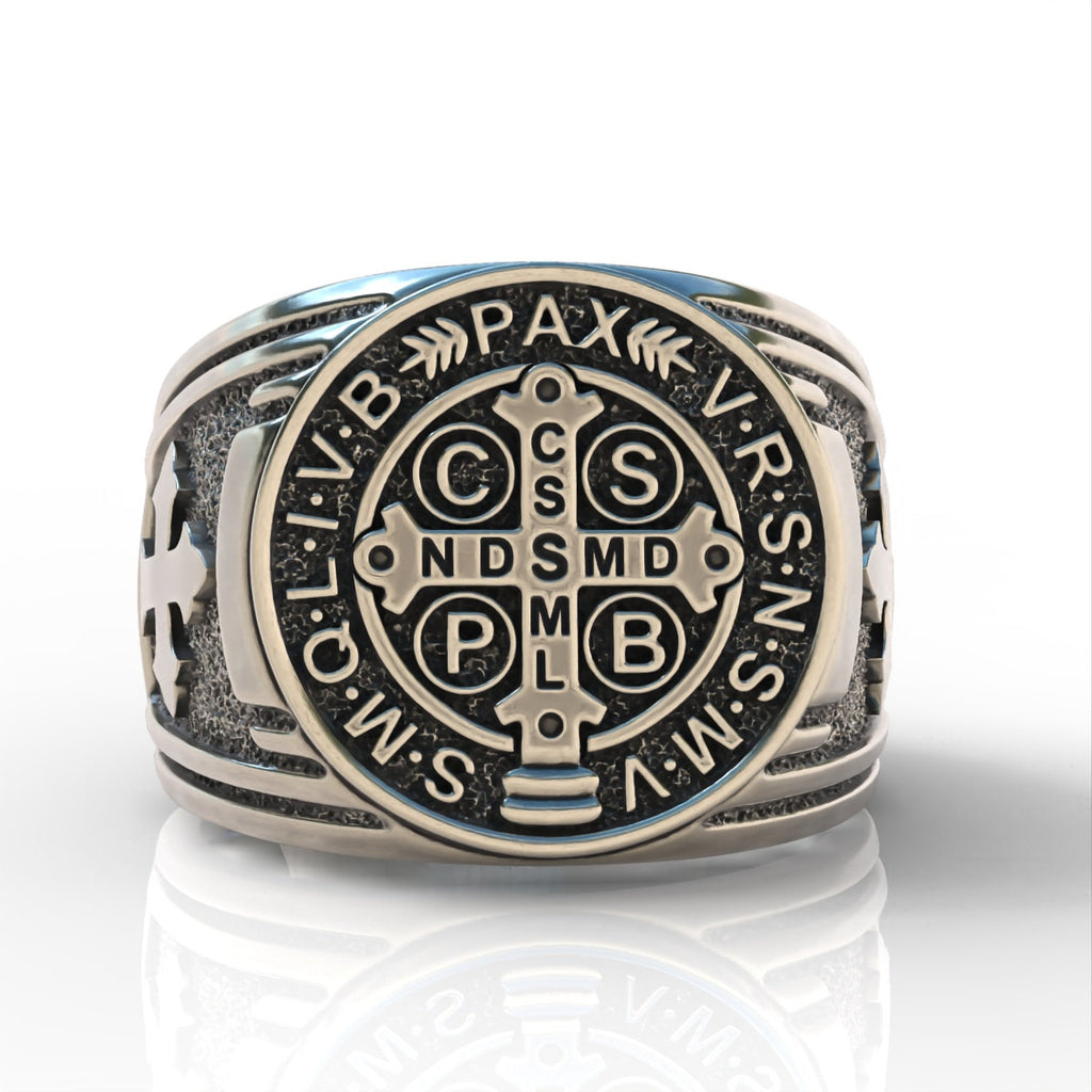 Saint benedict symbol ring 925 sterling silver bobijoo biker ring great gift  men and women