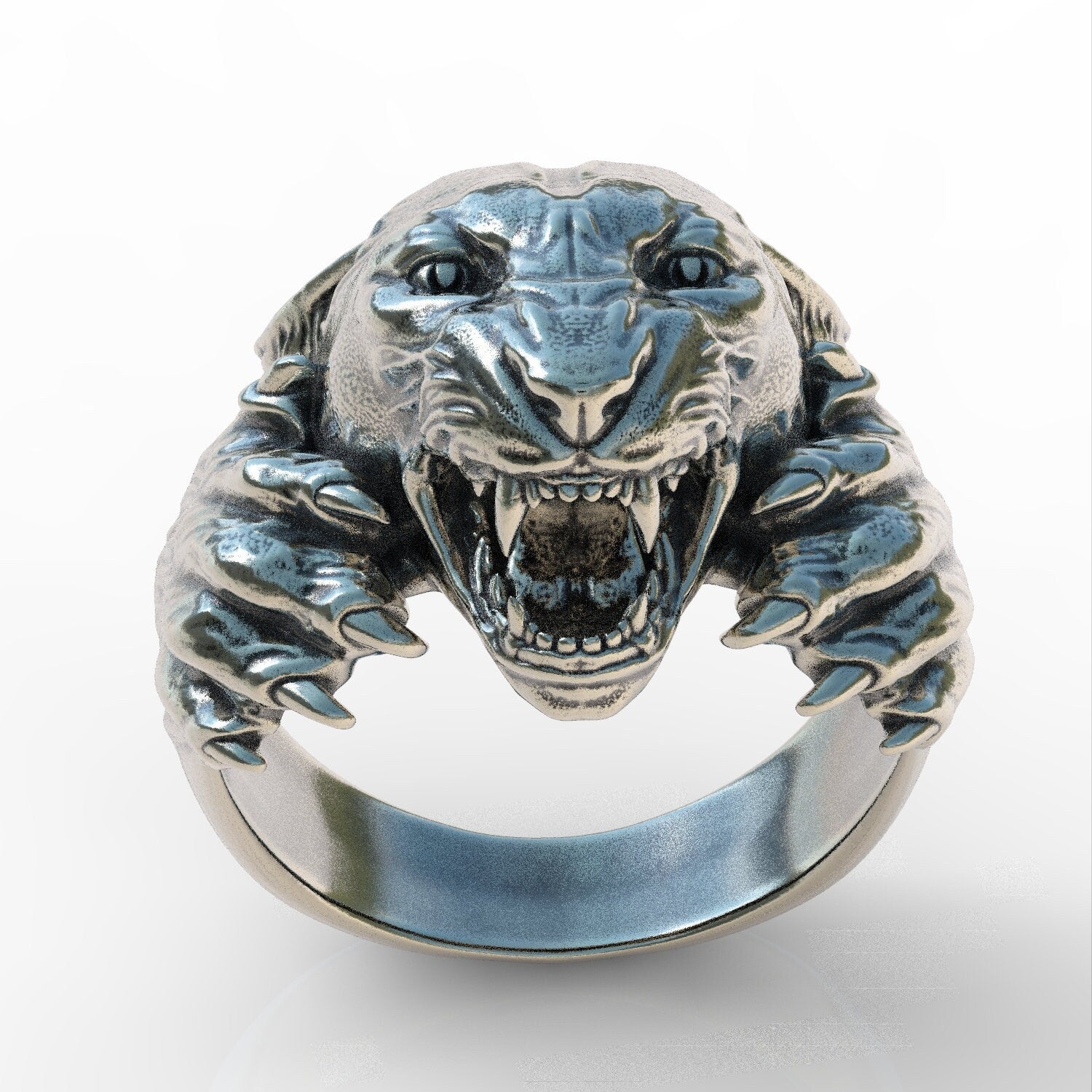 Solid 925 sterling silver men's panther ring animal tiger lion figure ring