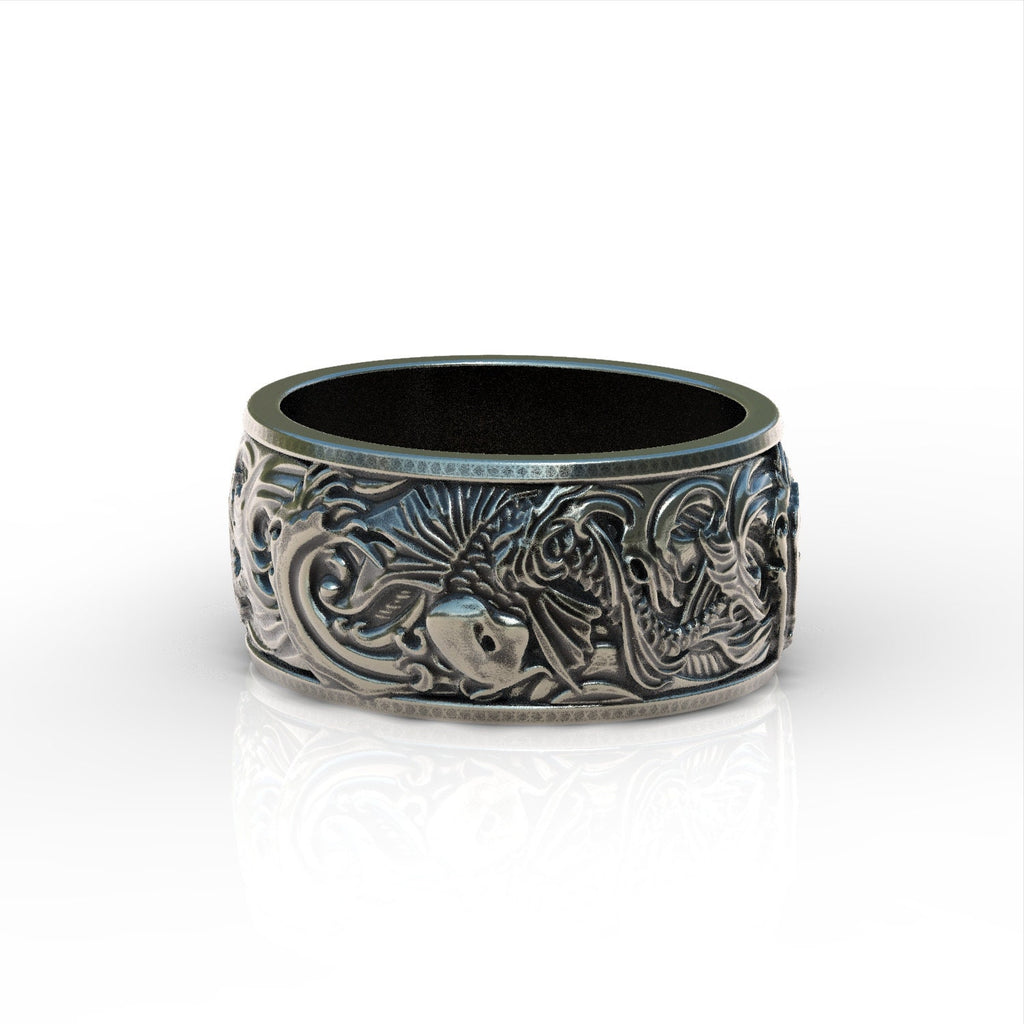 Koi Fish Carp and Waves Band Ring, Japanese Art Ornament Rings