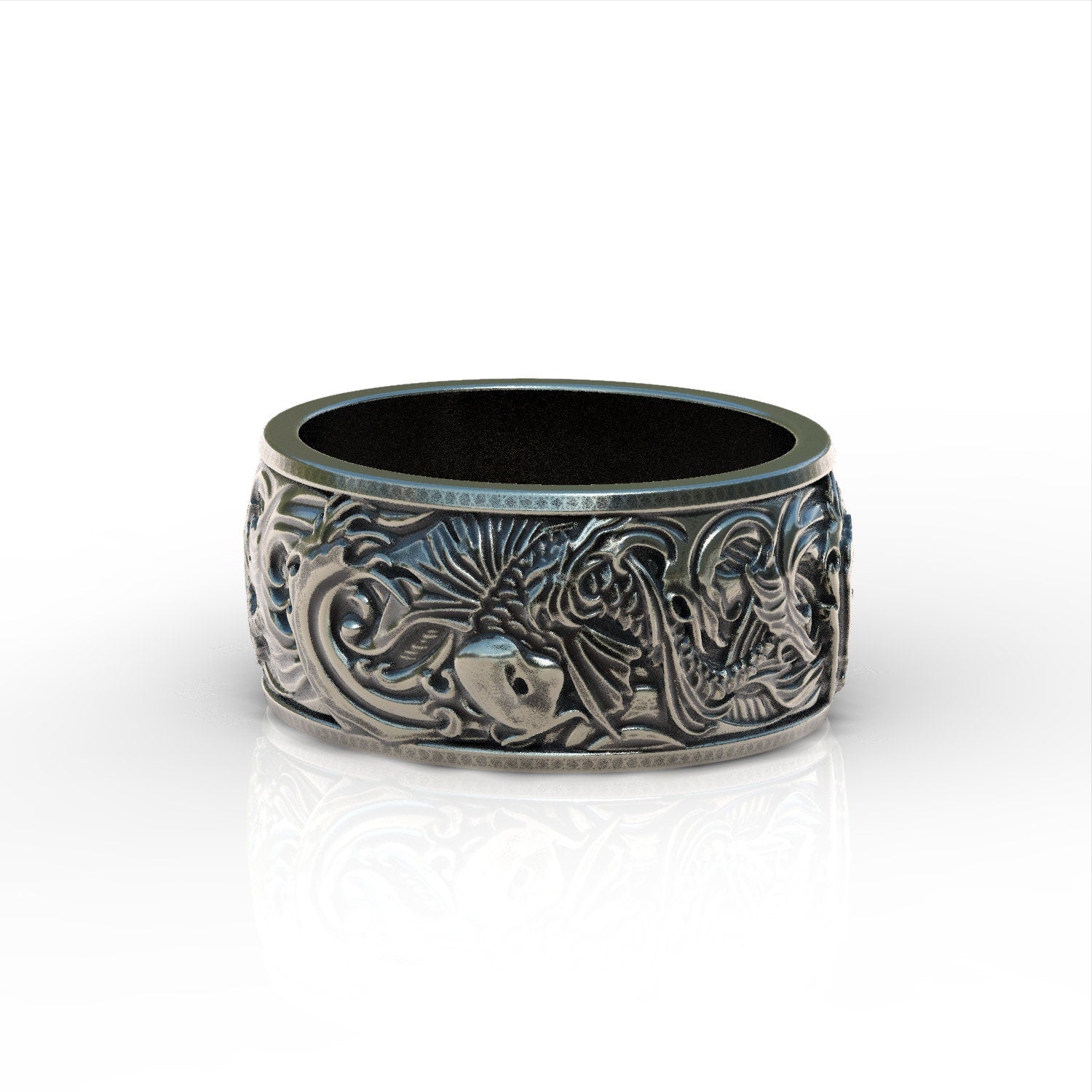 Koi Fish Carp and Waves Band Ring, Japanese Art Ornament Rings