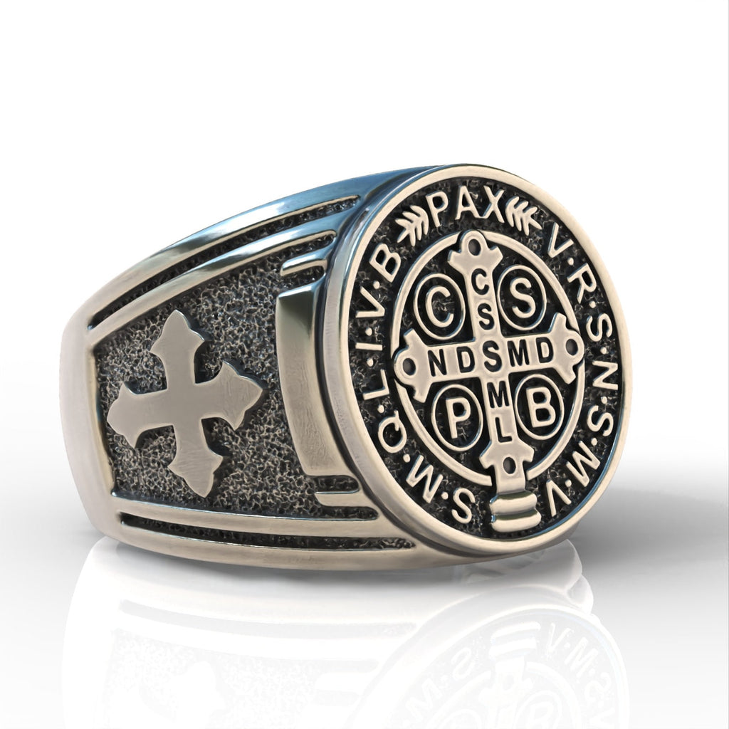 Saint benedict symbol ring 925 sterling silver bobijoo biker ring great gift  men and women