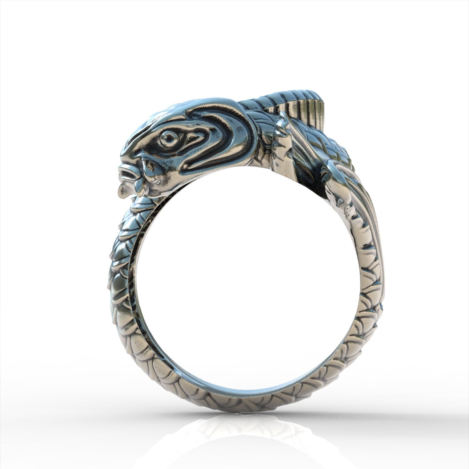 Japanese Art Fish Unisex Ring Sterling Silver 925