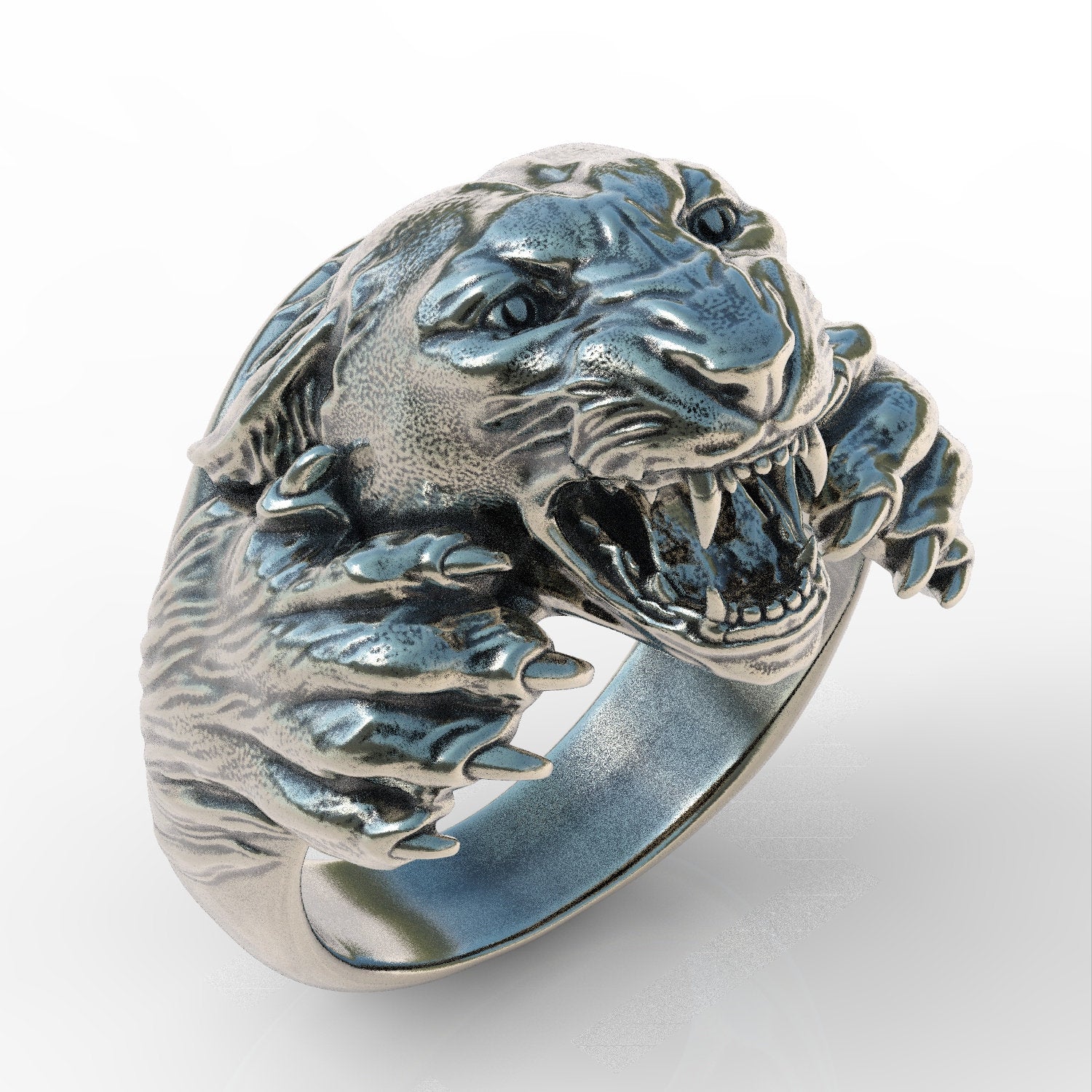 Solid 925 sterling silver men's panther ring animal tiger lion figure ring