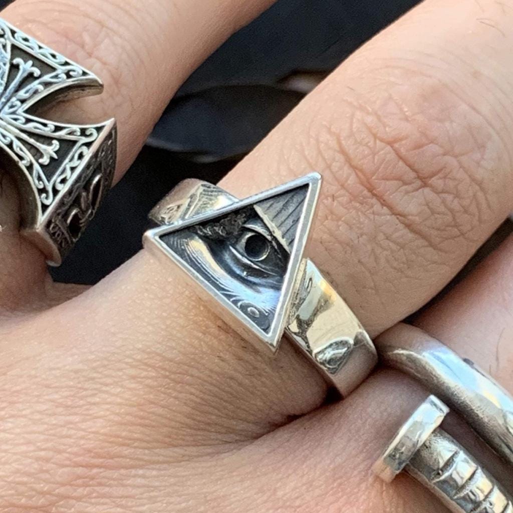 Sterling Silver All-Seeing Eye Pyramid Ring  Unisex Gothic Minimalist Jewelry for Men & Women