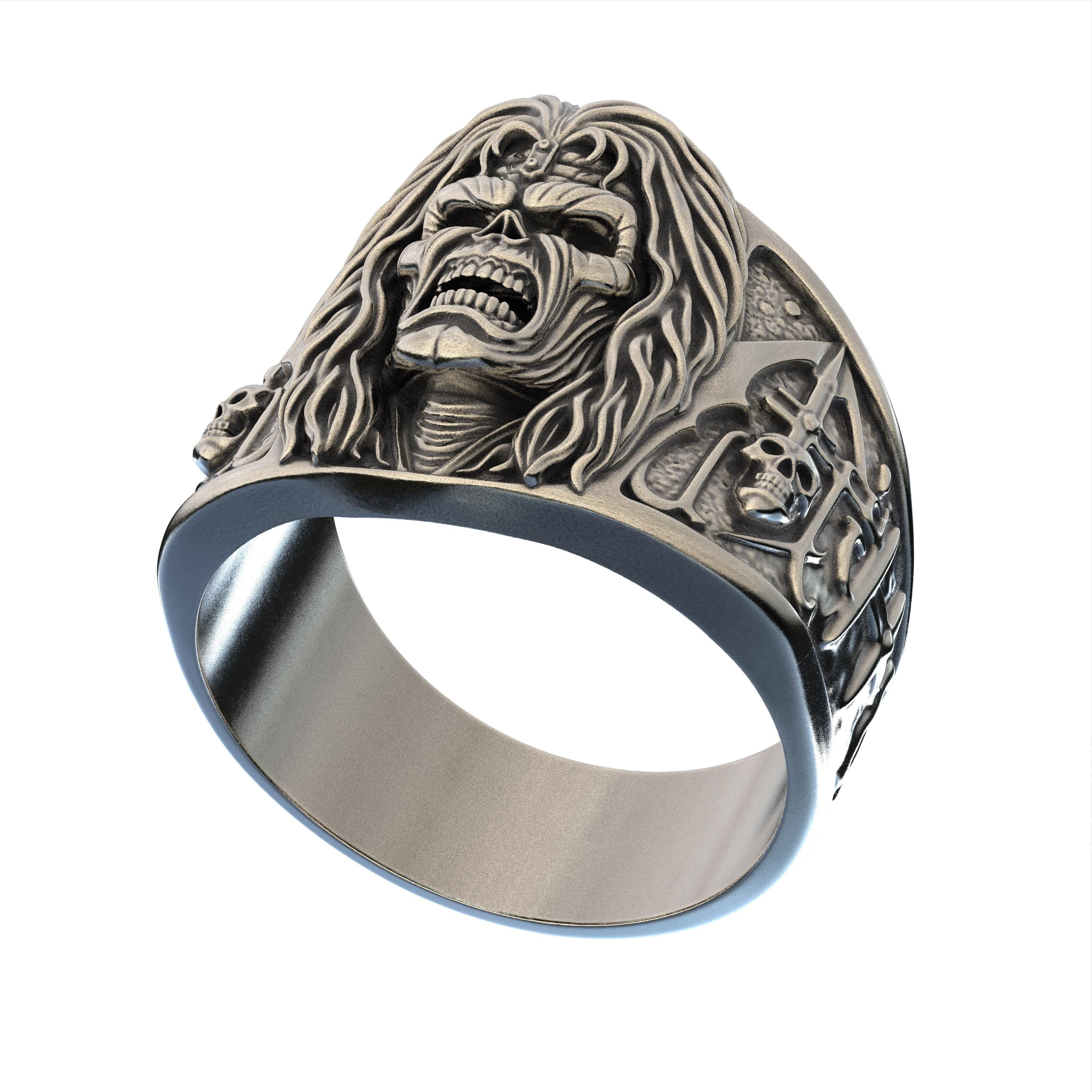 Handmade Iron Maiden Eddie Ring, Sterling Silver Skull Ring, Heavy Metal Biker Jewelry, Gothic Statement Ring for Men