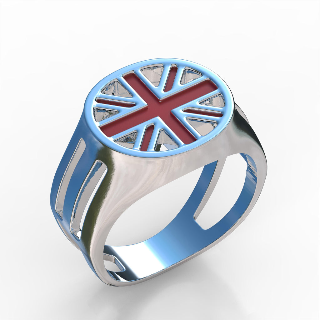 Union Jack Enamel Sterling Silver Ring, British Flag Signet Ring, Handmade 925 Silver UK Ring, Patriotic Men's Jewelry, Openwork Enamel Ring