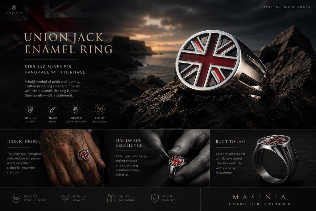 Union Jack Enamel Sterling Silver Ring, British Flag Signet Ring, Handmade 925 Silver UK Ring, Patriotic Men's Jewelry, Openwork Enamel Ring