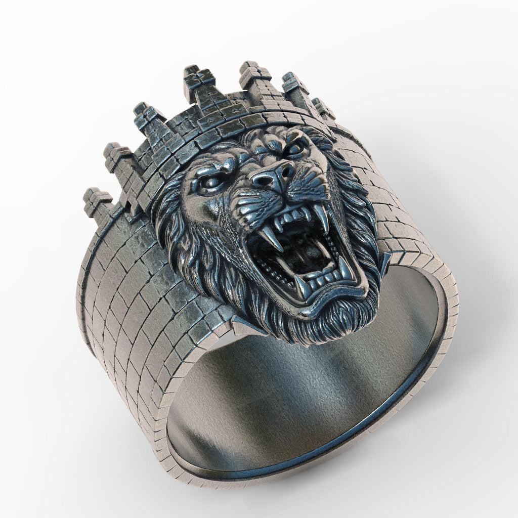 British Lion Castle Ring Sterling Silver 925, Medieval King Lion Ring, Gothic Fortress Ring, Handmade Men's Statement Jewelry