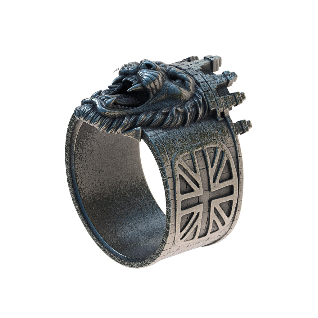 British Lion Ring Sterling Silver 925, Union Jack Lion Ring, England Castle Crown Ring, Gothic Men's Statement Ring, UK Heritage Jewelry