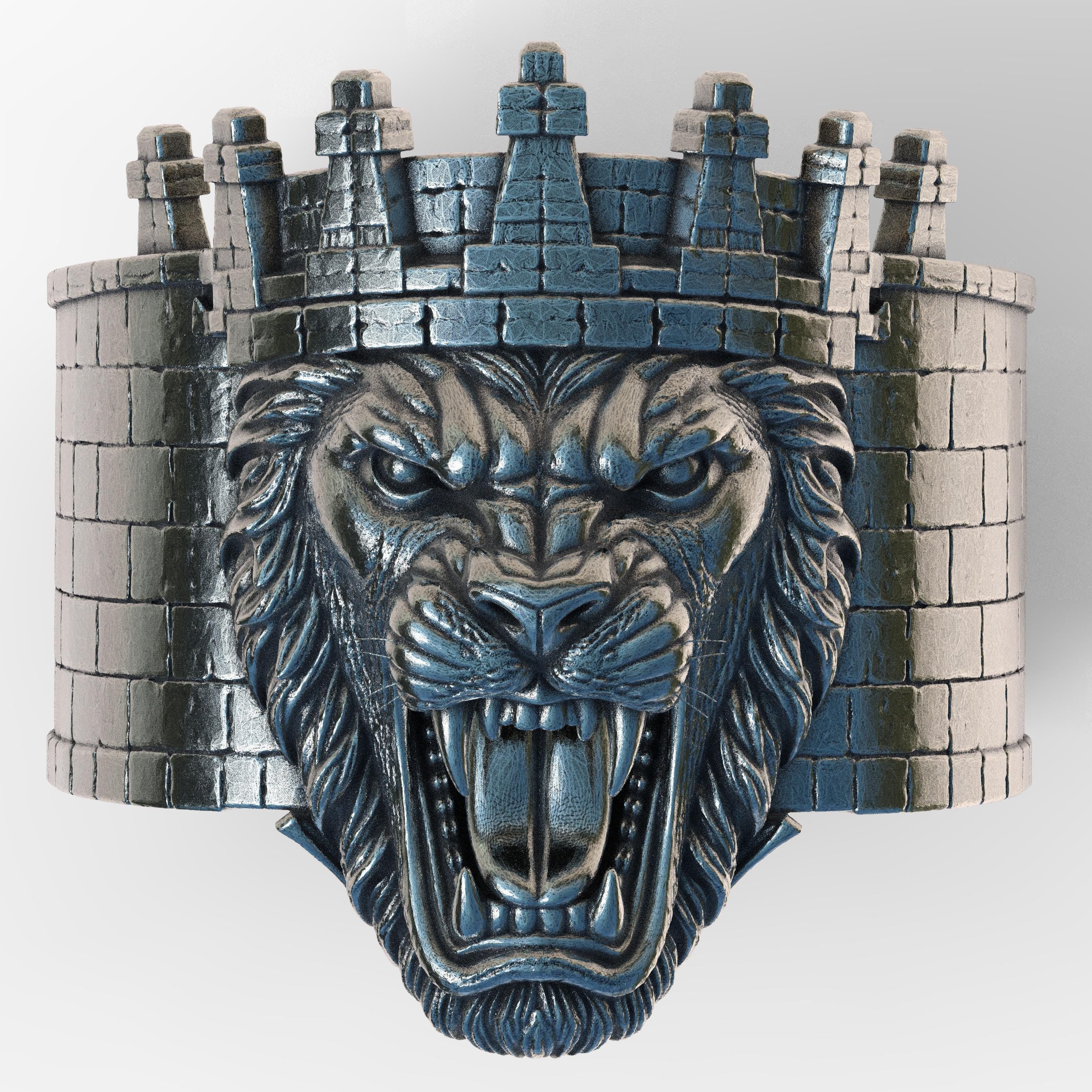 British Lion Castle Ring Sterling Silver 925, Medieval King Lion Ring, Gothic Fortress Ring, Handmade Men's Statement Jewelry