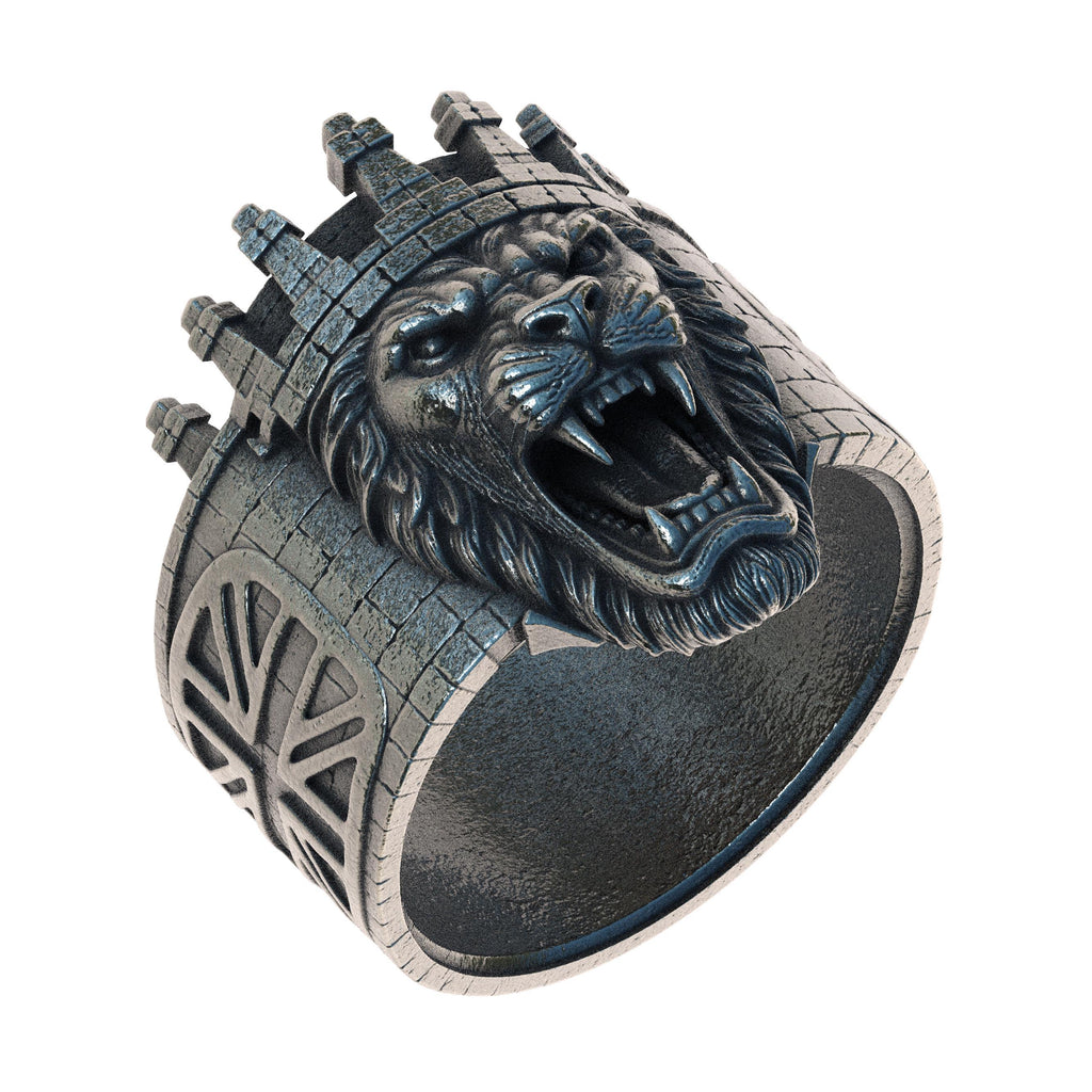 British Lion Ring Sterling Silver 925, Union Jack Lion Ring, England Castle Crown Ring, Gothic Men's Statement Ring, UK Heritage Jewelry